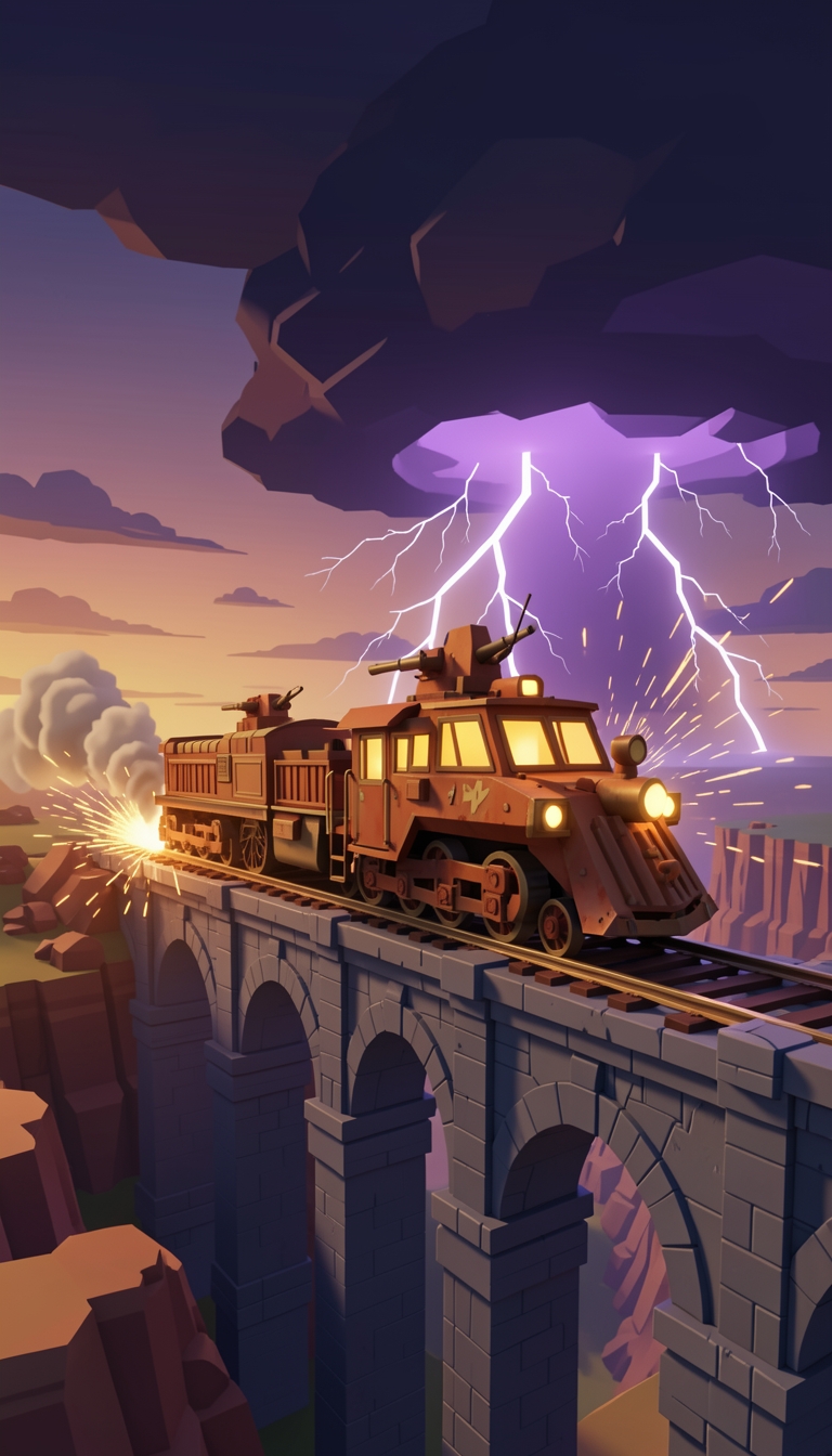 Key art: the train on a stone viaduct at dusk, with lightning over the Reach.