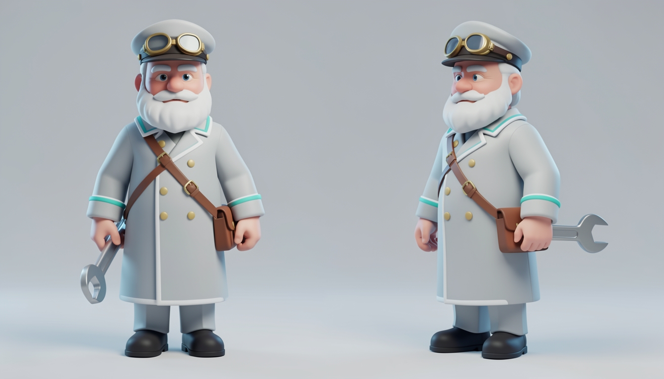 Directorate conductor: near-white coat with cyan cuffs and brass buttons.