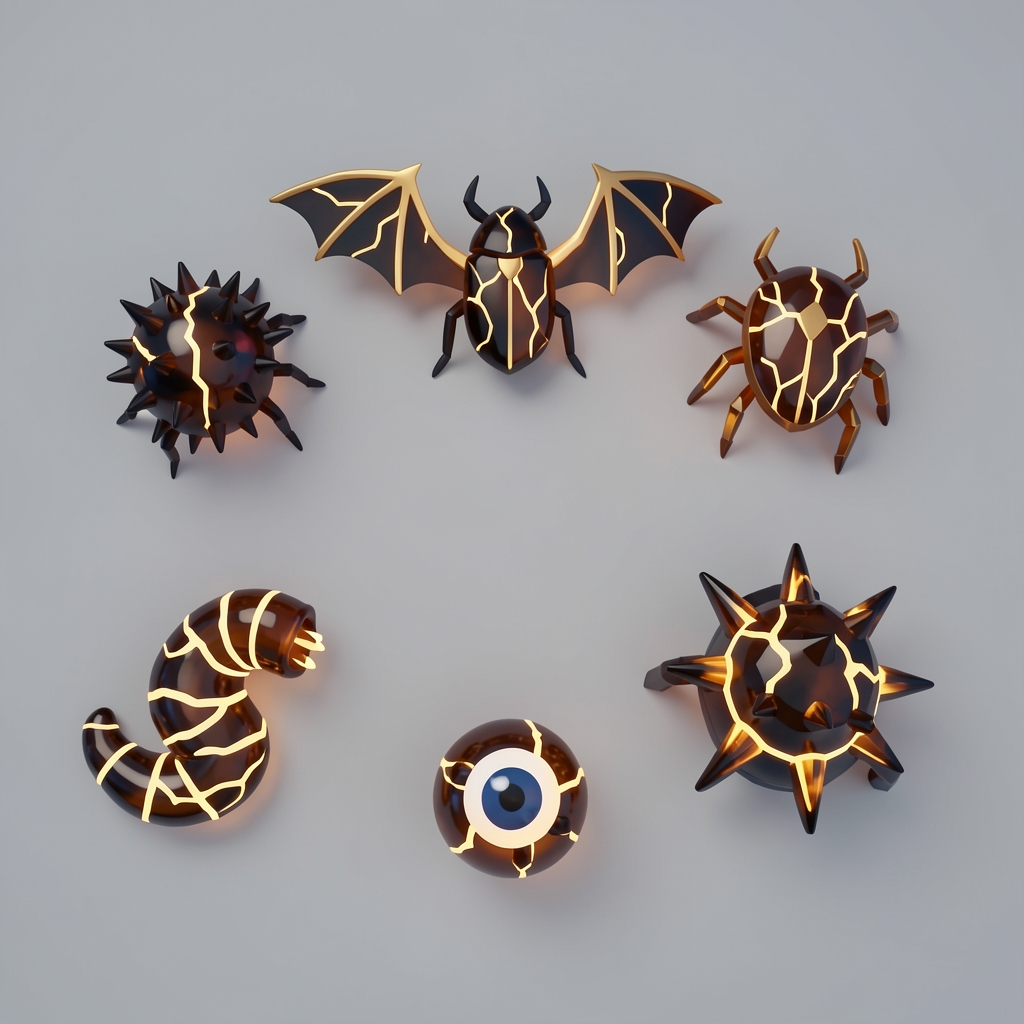 After: all six enemies from a steep top-down camera, in gold.
