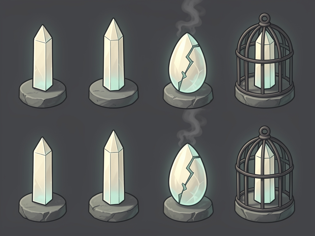 After: the chime set in pale cantorite: shard, bell, cracked and hush cage.