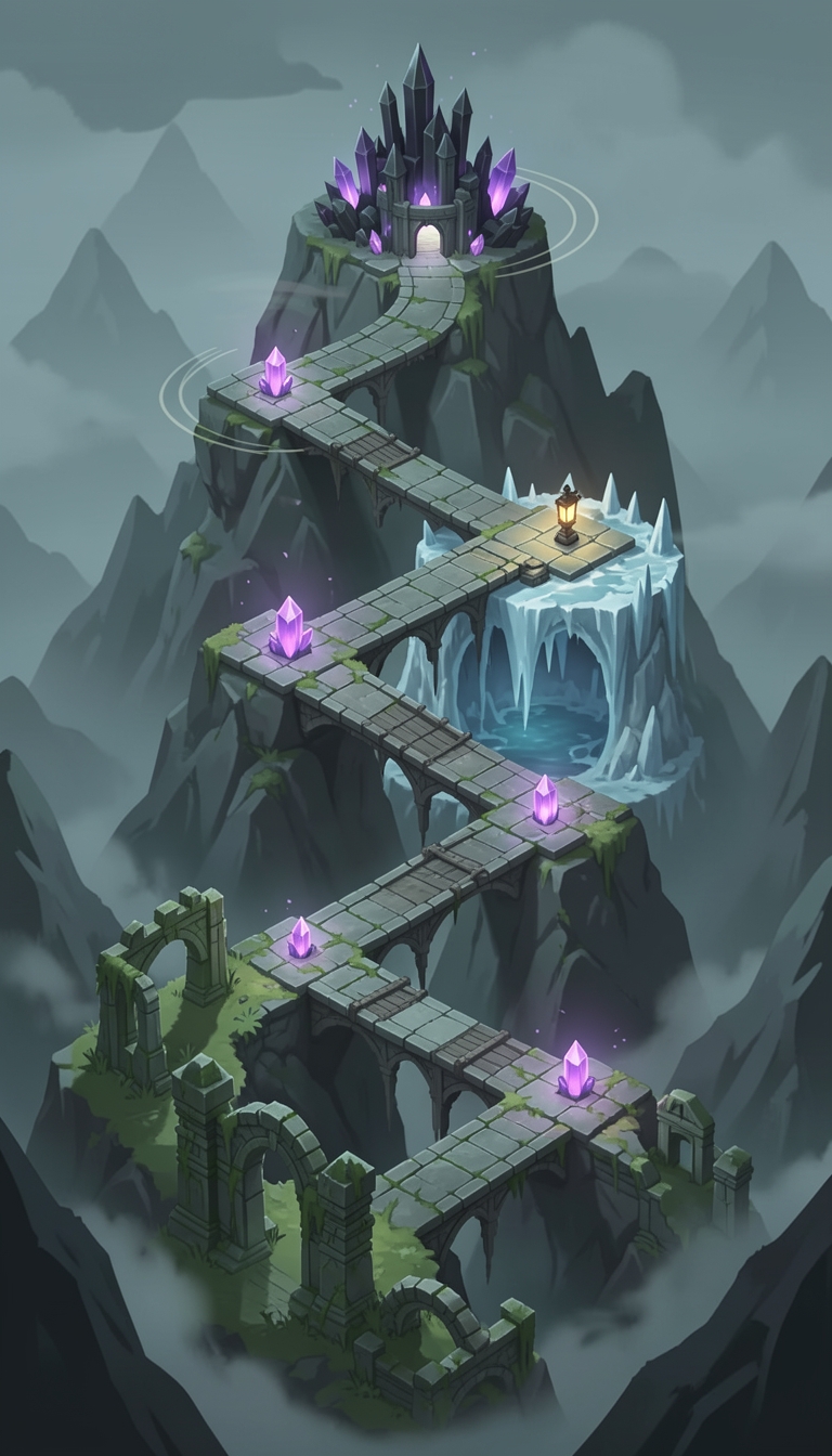 The map concept: a winding path of stone bridges through fog, up to a citadel on the peak.