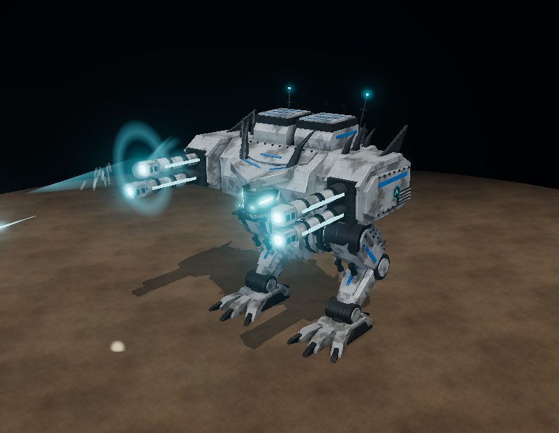 The Colossus, a reverse-jointed walker built in code, firing in the viewer.