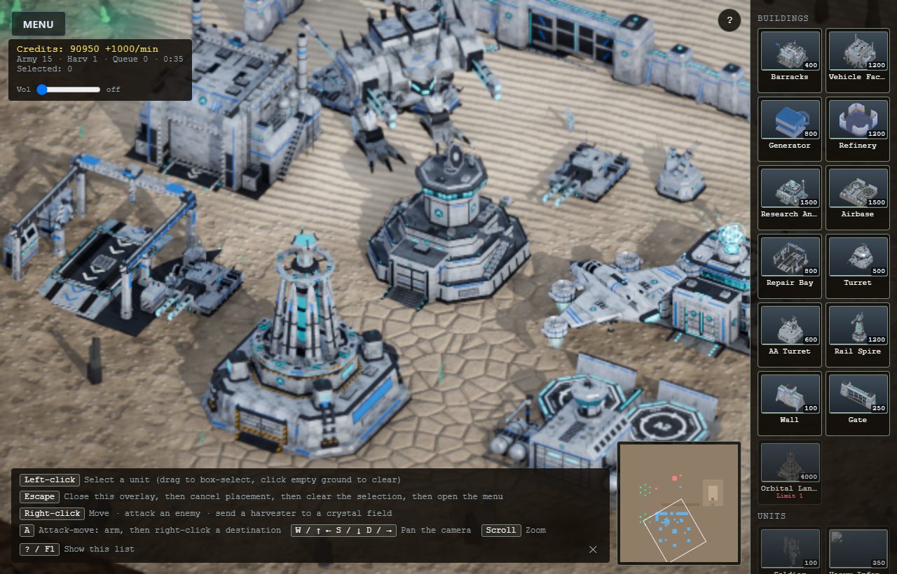 A base using the whole roster: annex, airbase, repair bay, rail spire, AA and aircraft.
