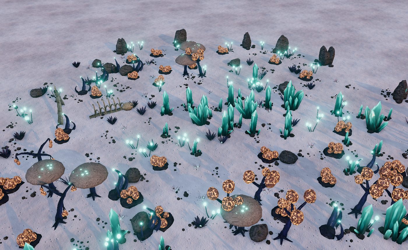 Phase 58.6: procedural alien world props replacing the asset-pack scatter.