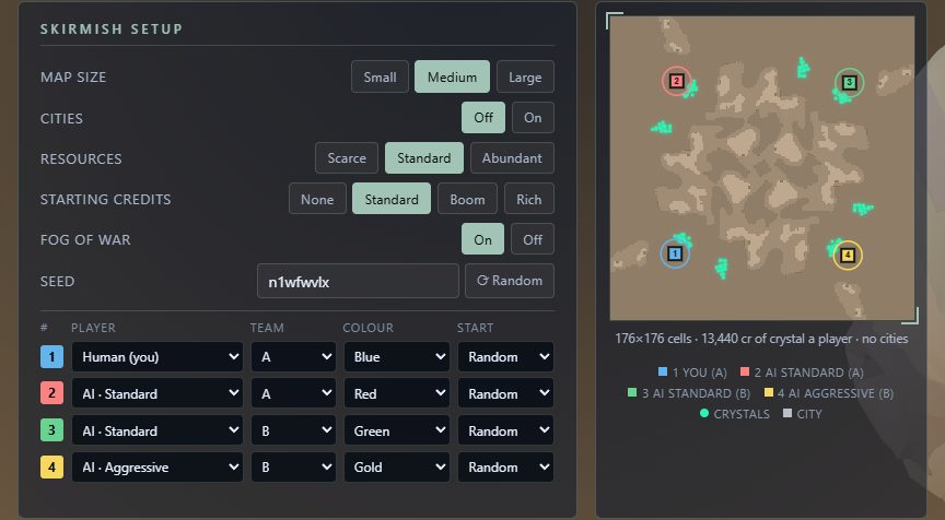 Skirmish setup for 2v2: player slots, teams and colours.