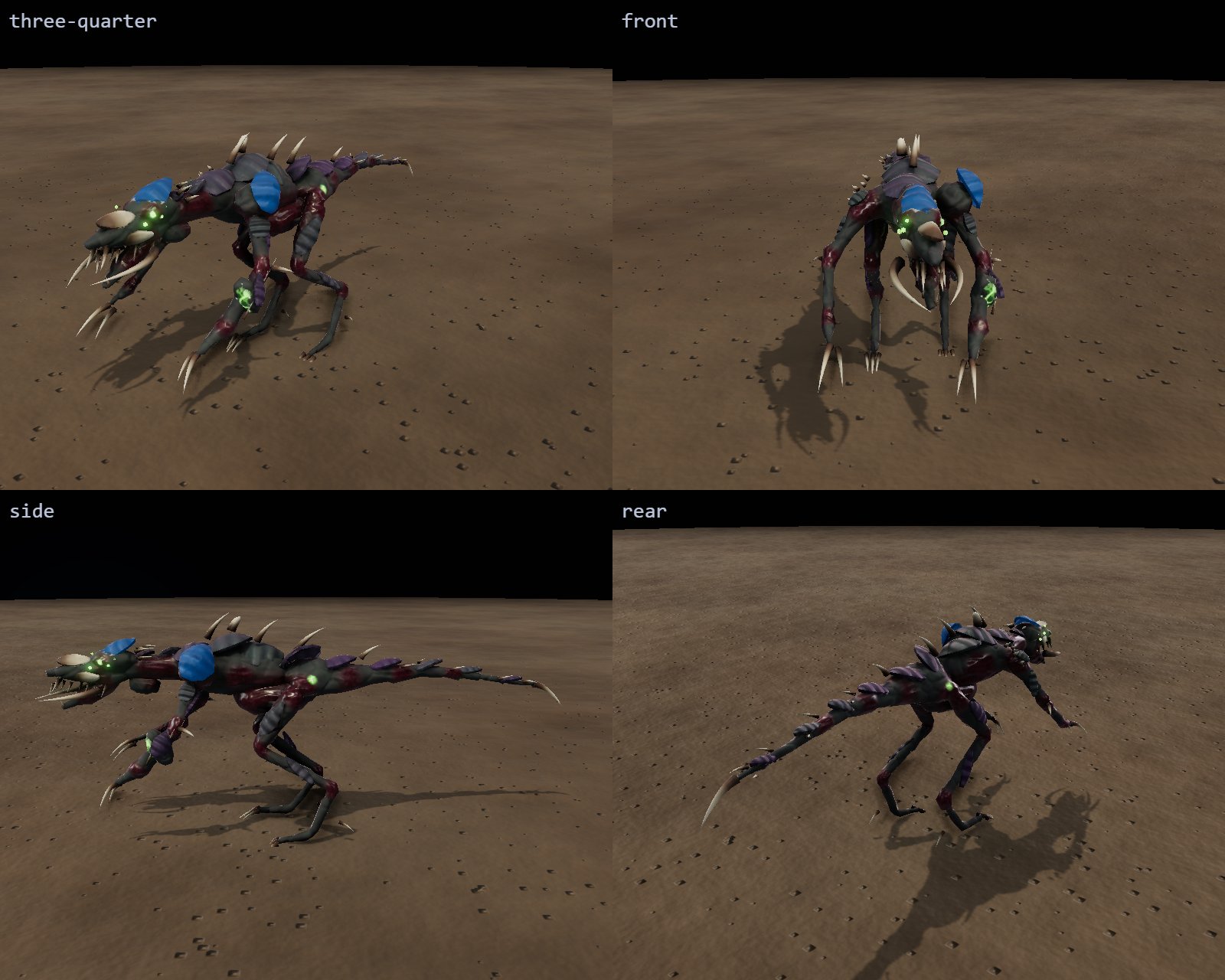 The final Larvum (round 6) in the game renderer; the blue plates take the team colour.