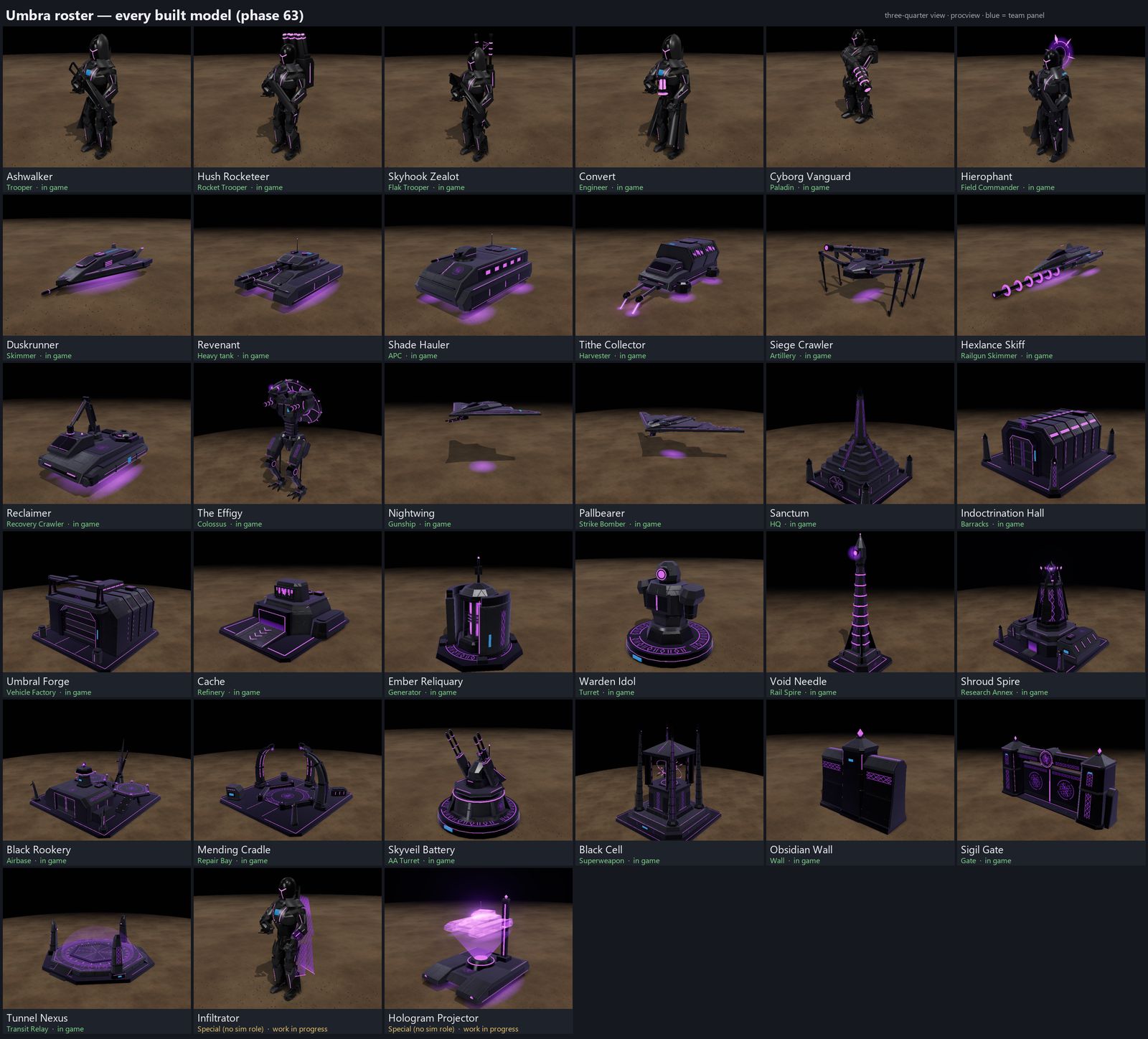 The Umbra roster: dark glass, magenta light.