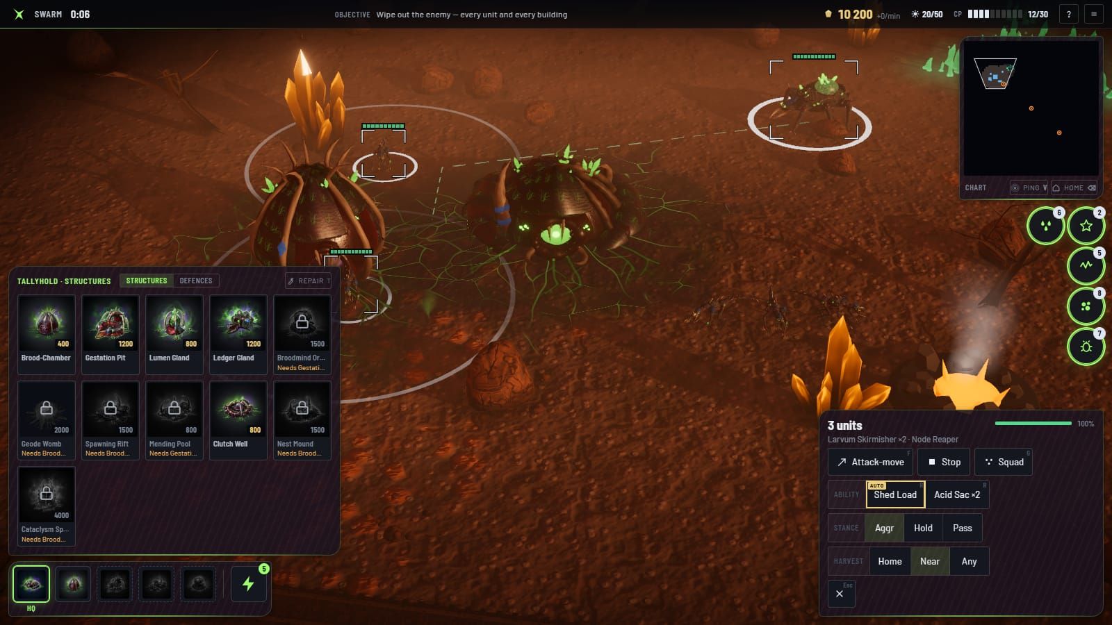 A Swarm base under the new interface: the build tray, the command card and the minimap.