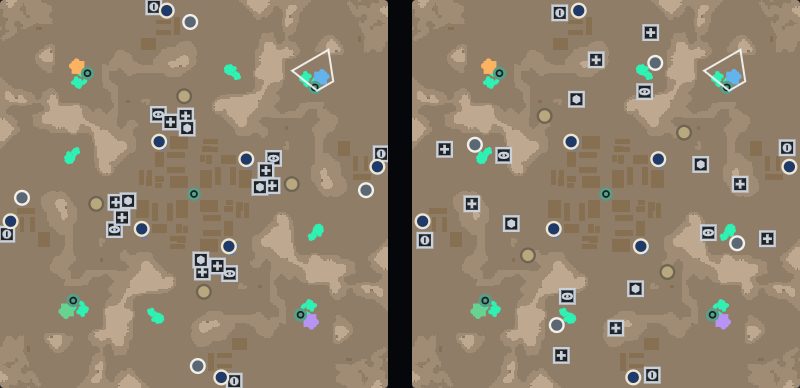 The same four-player map before (left) and after: the white markers are tech sites.