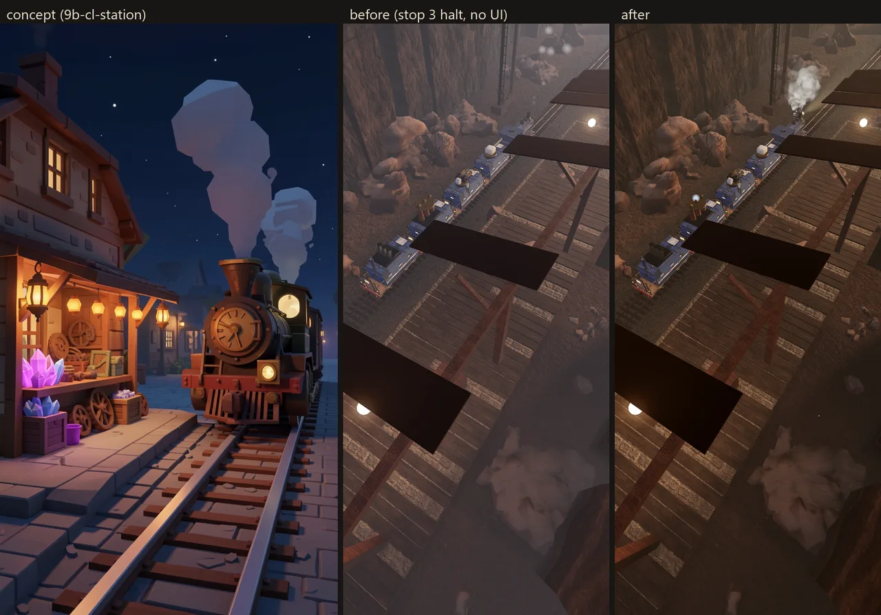 The station halt: the concept image on the left, the build before and after the pass.