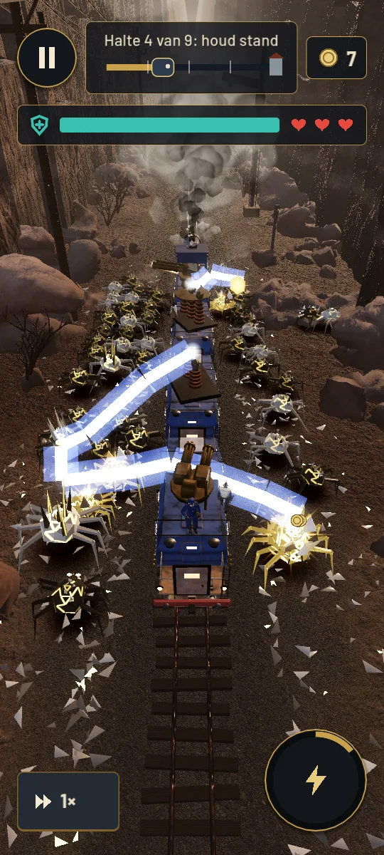 Gold-cracked glass Harrow around the train, with branching tesla bolts.