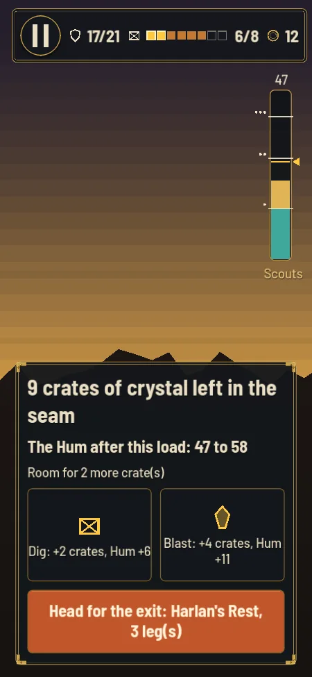 The push-your-luck choice: dig for two more crates or blast for four, and what each does to the Hum.