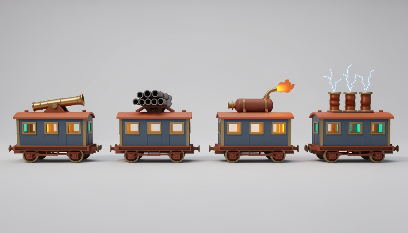 Four carriages in side view: cannon, gatling, flamethrower and tesla coil.