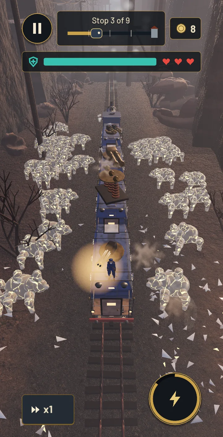 A fight in Redcut Canyon: the train rolls on while a swarm of glass Harrow closes in from both flanks.