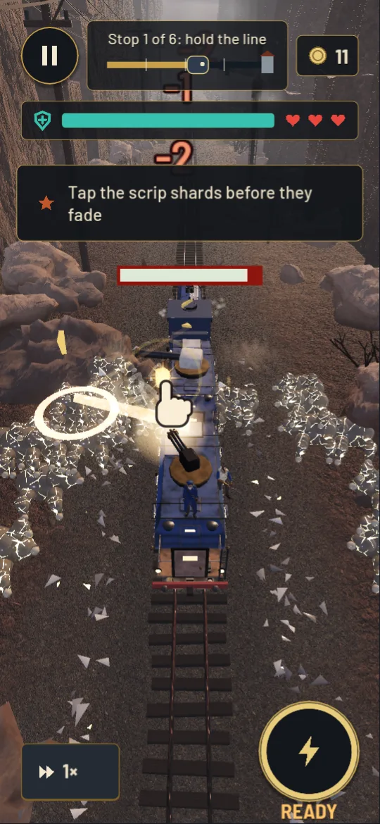 A fight in the web build: a focus ring on the tapped enemy, and a tip to tap the shards.